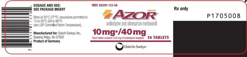 PRINCIPAL DISPLAY PANEL NDC 65597-113-30 AZOR amlodipine and olmesartan medoxomil 10 mg/ 40 mg 30 Tablets Rx Only