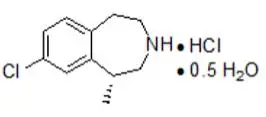 The structural formula for BELVIQ/BELVIQ XR (lorcaserin hydrochloride) is a serotonin 2C receptor agonist for oral administration used for chronic weight management.  Lorcaserin hydrochloride is chemically designated as (R)-8-chloro-1-methyl-2,3,4,5-tetrahydro-1H-3-benzazepine hydrochloride hemihydrate.  The empirical formula is C11H14ClN·HCl·0.5H2O, and the molecular weight of the hemihydrate form is 241.16 g/mol.