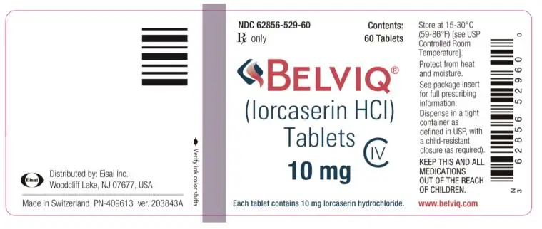 NDC 62856-529-60
Rx Only
BELVIQ
(lorcaserin HCI)
Tablets
10 mg
60 Tablets
