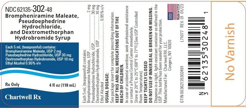 Brompheniramine Maleate, Pseudoephedrine Hydrochloride, and Dextromethorphan Hydrobromide Syrup 4 FL.OZ. (118 mL) - NDC 62135-302-48 - Label