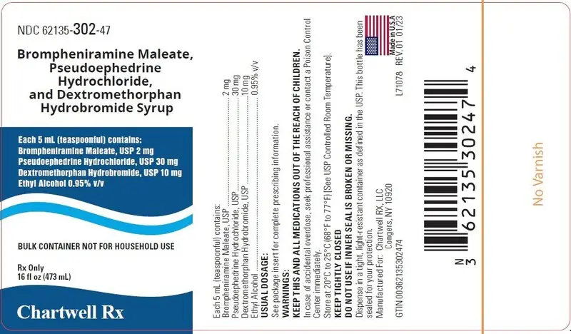 Brompheniramine Maleate, Pseudoephedrine Hydrochloride, and Dextromethorphan Hydrobromide Syrup 16 FL.OZ. (473ml) - NDC 62135-302-47 - Label