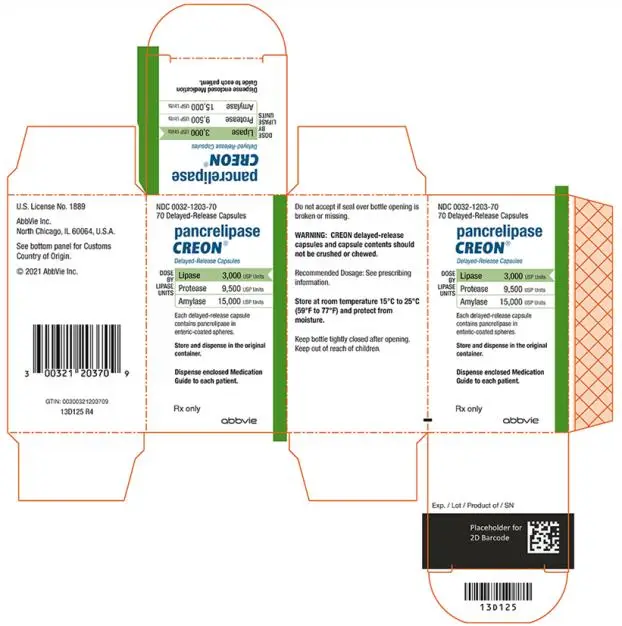 NDC 0032-1203-70 
70 Capsules 
CREON® (pancrelipase) Delayed-Release Capsules 
DOSE BY LIPASE UNITS: Lipase 3,000 USP Units, Protease 9,500 USP Units, Amylase 15,000 USP Units 
Each capsule contains pancrelipase in enteric-coated spheres. 
PHARMACIST: DISPENSE IN ORIGINAL CONTAINER 
Dispense enclosed Medication Guide to each patient.
Rx only 
abbvie 
