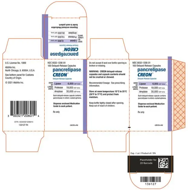 NDC 0032-1206-01 
100 Capsules 
CREON® (pancrelipase) Delayed-Release Capsules 
DOSE BY LIPASE UNITS: Lipase 6,000 USP Units, Protease 19,000 USP Units, Amylase 30,000 USP Units 
Each capsule contains pancrelipase in enteric-coated spheres. 
Dispense enclosed Medication Guide to each patient.
Rx only 

abbvie 
