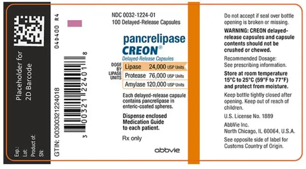 100 Capsules 
NDC 0032-1224-01 
CREON® (pancrelipase) Delayed-Release Capsules 
DOSE BY LIPASE UNITS: Lipase 24,000 USP Units, Protease 76,000 USP Units, Amylase 120,000 USP Units 
Each capsule contains pancrelipase in enteric-coated spheres. 
Dispense enclosed Medication Guide to each patient.
Rx only 
abbvie 
