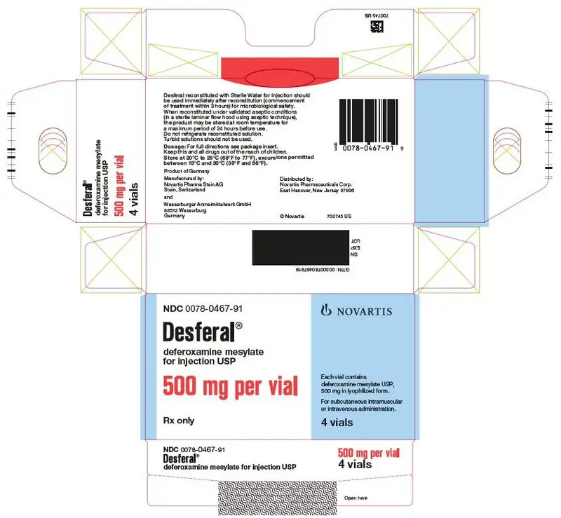 
								PRINCIPAL DISPLAY PANEL
								NDC 0078-0467-91
								NOVARTIS
								Desferal®
								deferoxamine mesylate for injection USP
								500 mg per vial
								Rx only
								Each vial contains deferoxamine mesylate USP, 500 mg in lyophilized form.
								For subcutaneous intramuscular or intravenous administration.
								4 vials
							