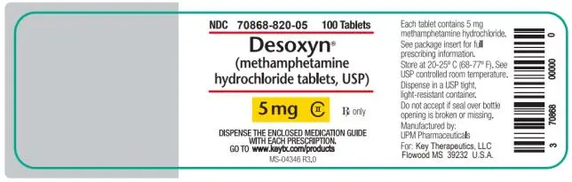 NDC 70868-820-05
100 Tablets
Desoxyn
(methamphetamine 
hydrochloride tablets, USP)
5 mg
CII
Rx only 
