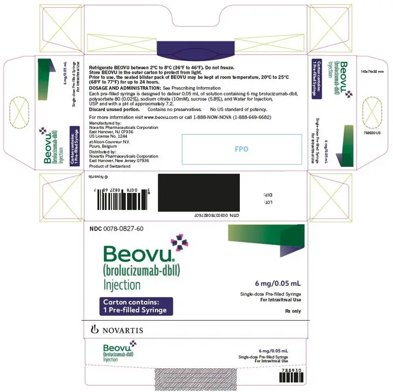 PRINCIPAL DISPLAY PANEL
								NDC 0078 0827 60
								Beovu
								(brolucizumab-dbll) Injection
								6 mg/0.05 mL
								Single-dose Pre-filled Syringe
								For Intravitreal Use
								Carton contains:
								1 Pre-filled Syringe
								Rx only
								NOVARTIS
							