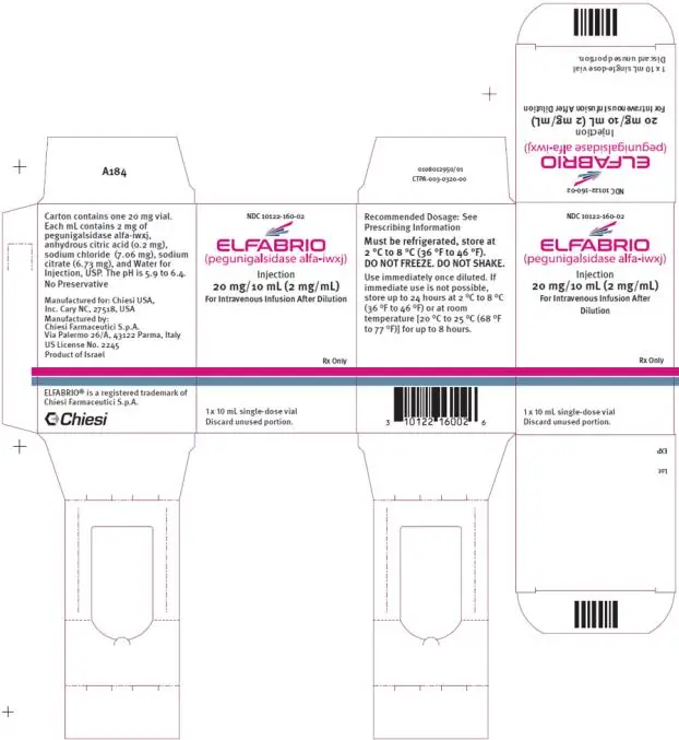 NDC 10122-160-02
ELFABRIO
(pegunigalsidase alfa-iwxj)
Injection
20 mg/ 10 mL (2 mg/ml)
For Intravenous Infusion After Dilution
Rx Only
1 x 10 mL single-dose vial
Discard unused portion.
