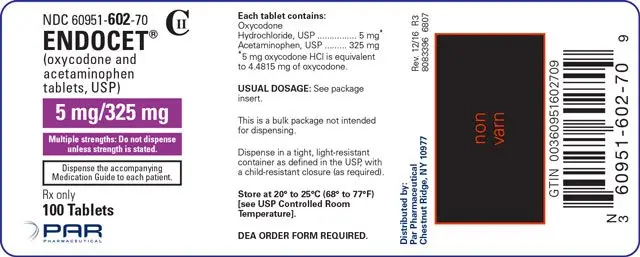 Image of the Endocet® (oxycodone and acetaminophen tablets, USP) 5 mg/325 mg 100 tablet label.