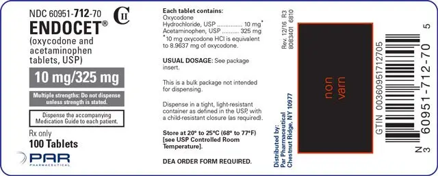 Image of the Endocet® (oxycodone and acetaminophen tablets, USP) 10 mg/325 mg 100 tablet label.