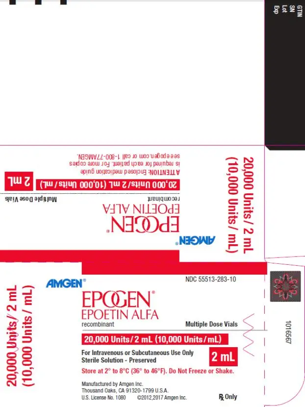 PRINCIPAL DISPLAY PANEL
NDC 55513-283-10
AMGEN®
EPOGEN®
EPOETIN ALFA
recombinant
Multiple Dose Vials
20,000 Units/2 mL 
(10,000 Units/mL)
20,000 Units/2 mL (10,000 Units/mL)
For Intravenous or Subcutaneous Use Only
Sterile Solution – Preserved
2 mL
Store at 2˚ to 8˚C (36˚ to 46˚F).  Do Not Freeze or Shake.
Manufactured by Amgen Inc.
Thousand Oaks, CA 91320-1799 U.S.A.
U.S. License No. 1080
©2012,2017 Amgen Inc.
Rx Only
