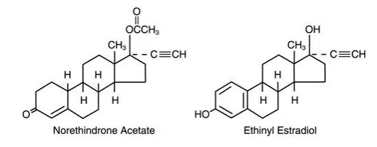 The structural formulas for Each white triangle-shaped tablet contains 1 mg norethindrone acetate [(17 alpha)-17-(acetyloxy)-19-norpregna-4-en-20-yn-3-one] and 20 mcg ethinyl estradiol [(17 alpha)-19-norpregna-1,3,5(10)-trien-20-yne-3,17-diol]; each white square-shaped tablet contains 1 mg norethindrone acetate and 30 mcg ethinyl estradiol; and each white round tablet contains 1 mg norethindrone acetate and 35 mcg ethinyl estradiol. Each tablet also contains calcium stearate; lactose; microcrystalline cellulose; and starch.