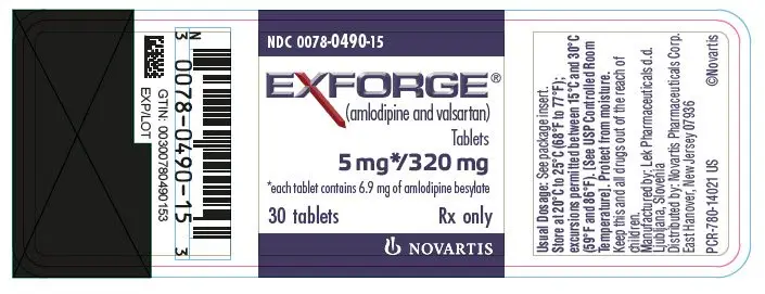 PRINCIPAL DISPLAY PANEL
							NDC 0078-0490-15
							EXFORGE®
							(amlodipine and valsartan)
							Tablets
							5 mg*/320 mg
							*each tablet contains 6.9 mg of amlodipine besylate
							30 tablets
							Rx only
							NOVARTIS
							