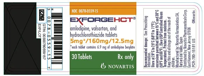 PRINCIPAL DISPLAY PANEL
							NDC 0078-0559-15
							EXFORGE HCT®
							amlodipine, valsartan, and hydrochlorothiazide tablets
							5 mg* / 160 mg / 12.5 mg
							*each tablet contains 6.9 mg of amlodipine besylate
							30 Tablets
							Rx only
							NOVARTIS
							