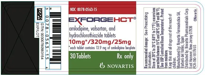 PRINCIPAL DISPLAY PANEL
							NDC 0078-0563-15
							EXFORGE HCT®
							amlodipine, valsartan, and hydrochlorothiazide tablets
							10 mg* / 320 mg / 25 mg
							*each tablet contains 13.9 mg of amlodipine besylate
							30 Tablets
							Rx only
							NOVARTIS
							