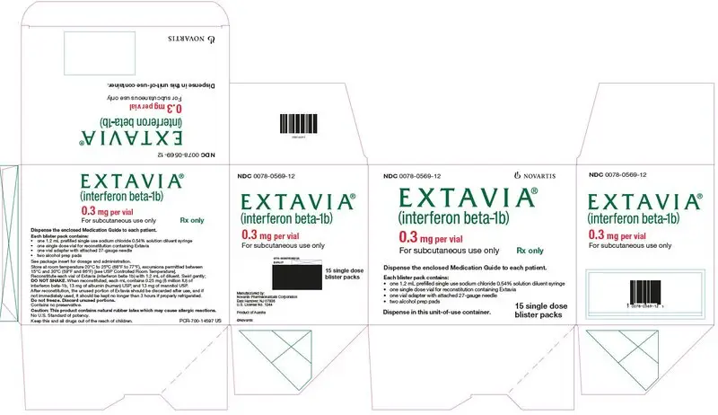 PRINCIPAL DISPLAY PANEL
									NDC 0078-0569-12
									NOVARTIS
									EXTAVIA®
									(interferon beta-1b)
									0.3 mg per vial
									For subcutaneous use only
									Rx only
									Dispense the enclosed Medication Guide to each patient.
									Each blister pack contains:
									• one 1.2 mL prefilled single use sodium chloride 0.54% solution diluent syringe
									• one single dose vial for reconstitution containing Extavia
									• one vial adapter with attached 27-gauge needle
									• two alcohol prep pads
									Dispense in this unit-of-use container.
									15 single dose blister packs
							