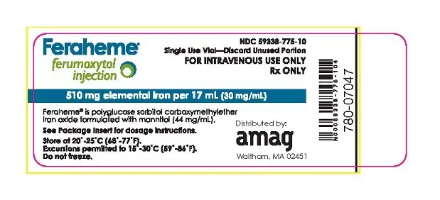 Package Label - Principal Display Panel – 17 mL Vial, Feraheme Injection