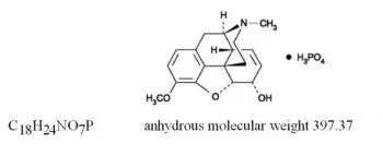 The following structural formula for Codeine phosphate (7,8-Didehydro-4,5α-epoxy-3-methoxy-17-methylmorphinan-6α-ol phosphate (1:1) (salt) hemihydrate) is an opioid agonist. 