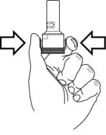 Hold the mouthpiece of the AEROLIZER Inhaler upright and press both buttons at the same time.  Only press the buttons ONCE. You should hear a click as the FORADIL capsule is being pierced. (Figure G)