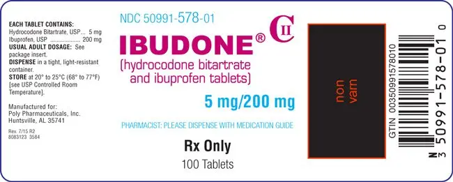 Image of the Ibudone® (hydrocodone bitartrate and ibuprofen tablets) 5 mg/200 mg label