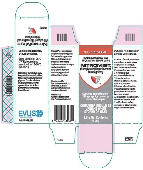 NDC 73262-430-08  NITROMIST  (Nitroglycerin) Lingual Aerosol  400 mcg/spray  contains approximately  90 sprays for use on or  under the tongue