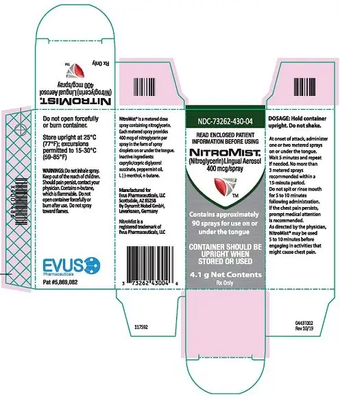 NDC 73262-430-04  NITROMIST  (Nitroglycerin) Lingual Aerosol  400 mcg/spray  contains approximately  90 sprays for use on or  under the tongue