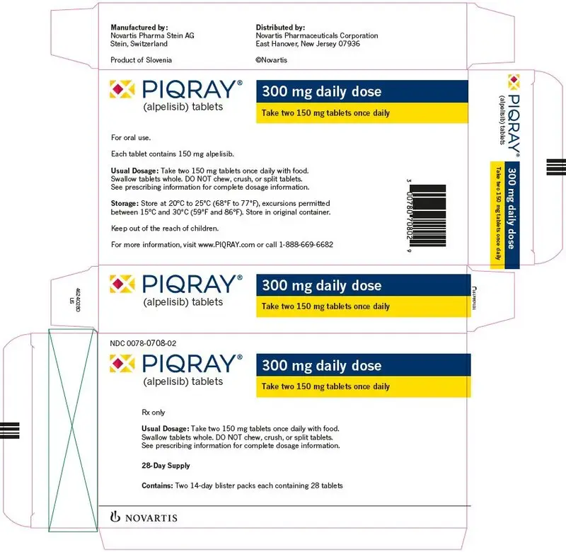 
								PRINCIPAL DISPLAY PANEL
								NDC 0078-0708-02
								PIQRAY®
								(alpelisib) tablets
								300 mg daily dose
								Take two 150 mg tablets once daily
								Rx only
								Usual Dosage: Take two 150 mg tablets once daily with food.
								Swallow tablets whole. DO NOT chew,crush, or split tablets.
								See prescribing information for complete dosage information.
								28-Day Supply
								Contains: Two 14-day blister packs each containing 28 tablets
								NOVARTIS
							