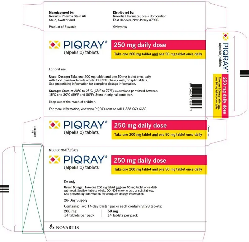 
								PRINCIPAL DISPLAY PANEL
								NDC 0078-0715-02
								PIQRAY®
								(alpelisib) tablets
								250 mg daily dose
								Take one 200 mg tablet and one 50 mg tablet once daily
								Rx only
								Usual Dosage: Take one 200 mg tablet and one 50 mg tablet once daily with food.
								Swallow tablets whole. DO NOT chew, crush, or split tablets.
								See prescribing information for complete dosage information.
								28-Day Supply
								Contains: Two 14-day blister packs each containing 28 tablets:
								200 mg 14 tablets per pack
								50 mg 14 tablets per pack
								NOVARTIS
							