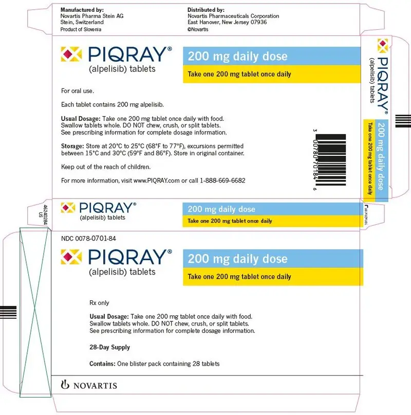 
								PRINCIPAL DISPLAY PANEL
								NDC 0078-0701-84
								PIQRAY®
								(alpelisib) tablets
								200 mg daily dose
								Take one 200 mg tablet once daily
								Rx only
								Usual Dosage: Take one 200 mg tablet once daily with food.
								Swallow tablets whole. DO NOT chew, crush, or split tablets.
								See prescribing information for complete dosage information.
								28-Day Supply
								Contains: One blister pack containing 28 tablets
								NOVARTIS
							