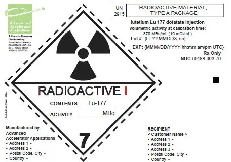 PRINCIPAL DISPLAY PANEL
							Type A Label (IATA)
							lutetium Lu 177 dotatate injection
							volumetric activity at calibration time:
							370 MBq/mL (10 mCi/mL)
							Rx Only
							NDC 69488-003-70
							