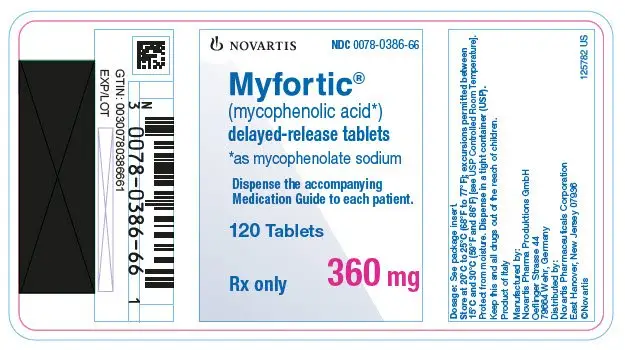 PRINCIPAL DISPLAY PANEL
								NOVARTIS
								NDC 0078-0386-66
								Myfortic®
								(mycophenolic acid*)
								delayed-release tablets
								*as mycophenolate sodium
								Dispense the accompanying Medication Guide to each patient.
								120 Tablets
								360 mg
								Rx only