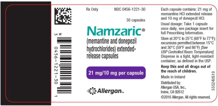 Rx only NDC 0456-1221-30 
30 capsules 
Namzaric®
(memantine and donepezil
hydrochlorides) extended-
release capsules 
21 mg/10 mg per capsule
AllerganTM
