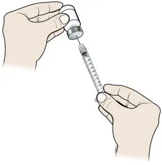 Keep the needle in the vial and check for air bubbles in the syringe.  If there are air bubbles, gently tap the syringe barrel with your finger until the air bubbles rise to the top.  Slowly push the plunger up to push the air bubbles out of the syringe.  