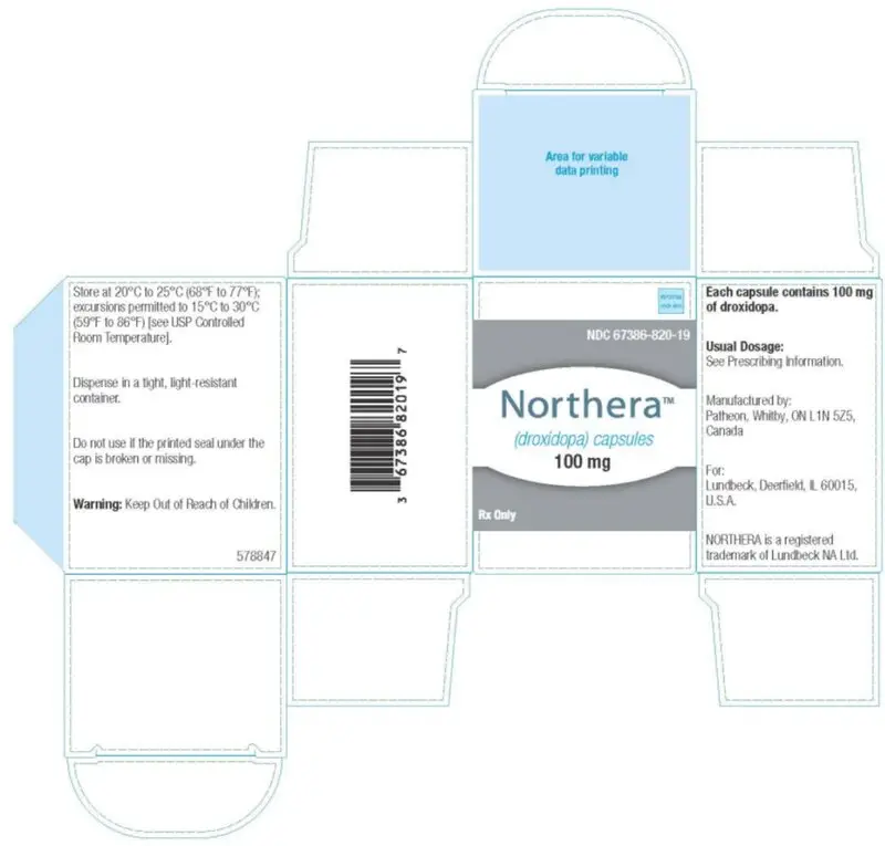 NDC 67386-820-19 90 Capsules Northera™ (droxidopa) capsules 100 mg Rx Only