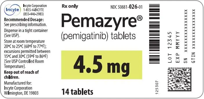 Pemazyre (pemigatinib) 4.5mg Tablets - 14 Tablet Bottle Label