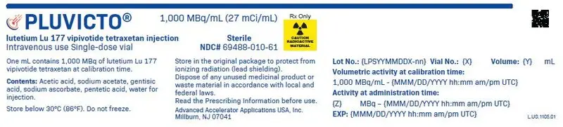 PRINCIPAL DISPLAY PANEL
								PLUVICTO®
								1,000 MBq/mL (27 mCi/mL)
								lutetium Lu 177 vipivotide tetraxetan injection
								Intravenous use Single-dose vial
								Sterile
								NDC# 69488-010-61
								Rx Only
								Advanced Accelerator Applications USA, Inc. Millburn, NJ 07041