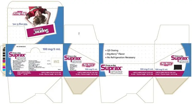 SUPRAX CEFIXIME FOR ORAL SUSPENSION USP
100 mg/5 mL
Rx only
NDC 68180-202-05: Carton for 10 mL x 6 Bottles (Physician Sample Pack