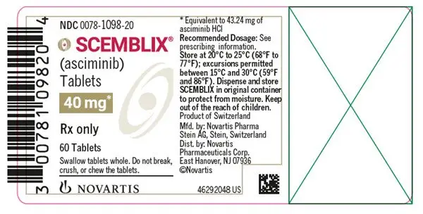 PRINCIPAL DISPLAY PANEL
								NDC 0078-1098-20
								SCEMBLIX®
								(asciminib) Tablets
								40 mg*
								Rx only
								60 Tablets
								Swallow tablets whole. Do not break, crush, or chew the tablets.
								NOVARTIS