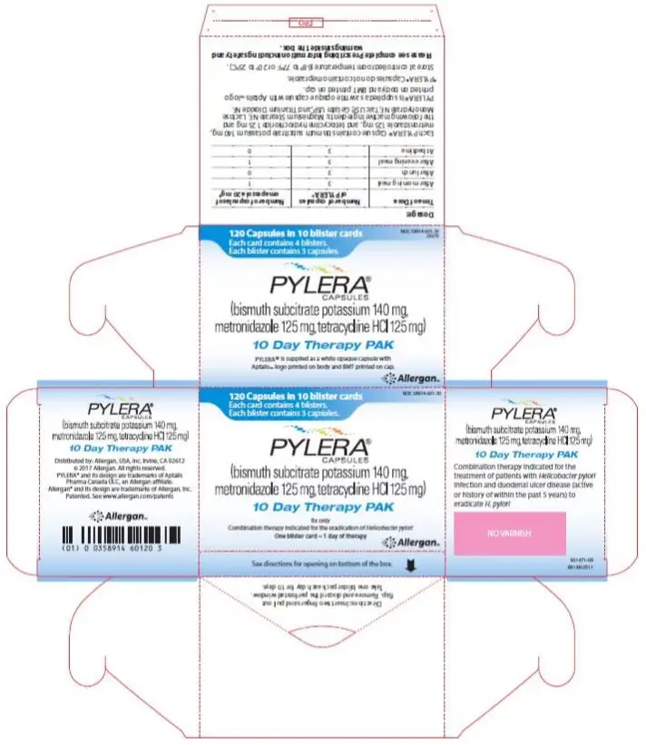 NDC  58914-601-20
120 Capsules in 10 blister cards
Each card contains 4 blisters
Each blister contains 3 capsules
PYLERA
CAPSULES
(bismuth subcitrate potassium 140 mg,
metronidazole 125 mg, tetracycline HCl 125 mg) 
10-Day Therapy PAK
Rx only
Combination therapy indicated for the eradication of Helicobacter pylori
One blister card – one day of therapy
