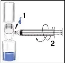 Remove the blue cap on the Baxject II device and connect the syringe. Be careful to not inject air.