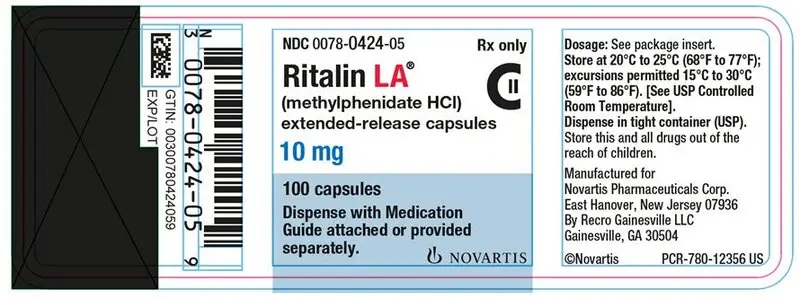 PRINCIPAL DISPLAY PANEL
									NDC 0078-0424-05
									Rx only
									Ritalin LA®
									(methylphenidate HCl)
									extended-release capsules
									10 mg
									100 tablets
									Dispense with Medication Guide attached or provided separately.
									NOVARTIS