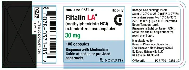 PRINCIPAL DISPLAY PANEL
									NDC 0078-0371-05
									Rx only
									Ritalin LA®
									(methylphenidate HCl)
									extended-release capsules
									30 mg
									100 tablets
									Dispense with Medication Guide attached or provided separately.
									NOVARTIS