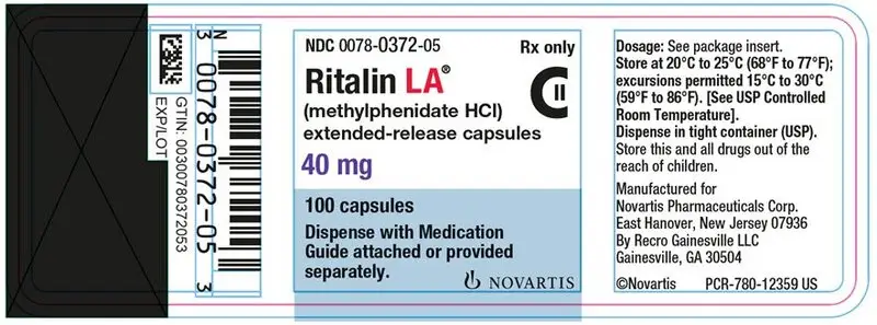 PRINCIPAL DISPLAY PANEL
									NDC 0078-0372-05
									Rx only
									Ritalin LA®
									(methylphenidate HCl)
									extended-release capsules
									40 mg
									100 tablets
									Dispense with Medication Guide attached or provided separately.
									NOVARTIS