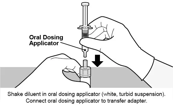 Shake diluent in oral applicator (white, turbid suspension). Connect oral applicator to transfer adapter.