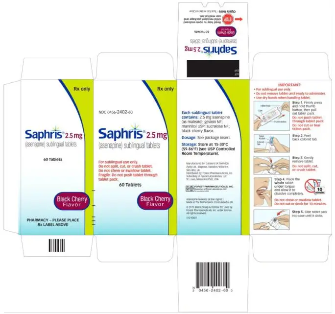 PRINCIPAL DISPLAY PANEL
Rx only
NDC 0456-2402-60
Saphris® 2.5 mg
(asenapine) sublingual tablets
60 Tablets
Black Cherry
Flavor
