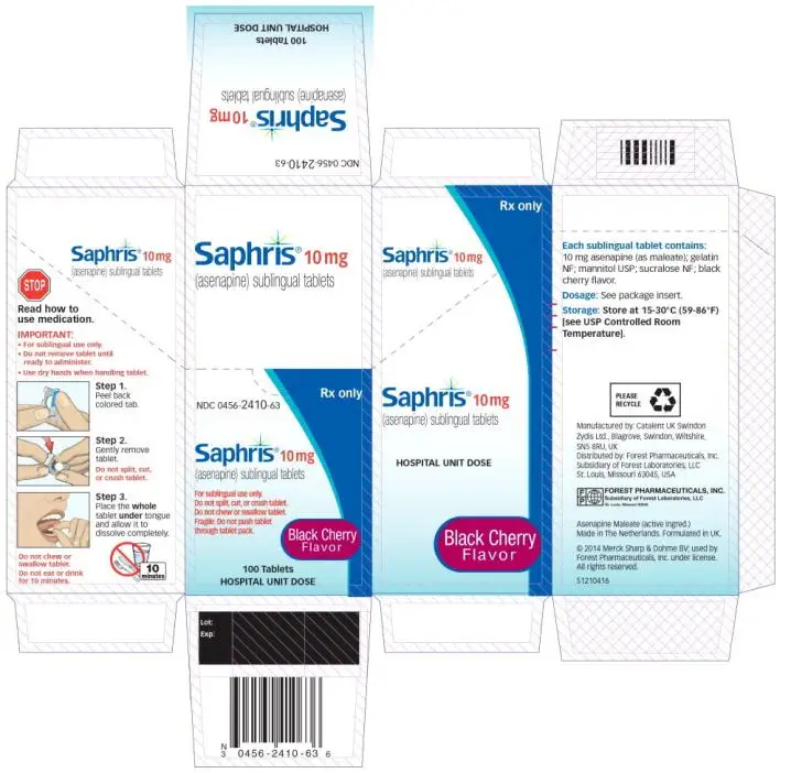 PRINCIPAL DISPLAY PANEL
Rx only
NDC 0456-2410-63
Saphris® 10 mg
(asenapine) sublingual tablets
Black Cherry
Flavor
100 Tablets
HOSPITAL UNIT DOSE
