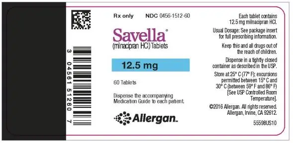 Rx Only
NDC 0456-1512-60
Savella®
(milnacipran HCI) Tablets
12.5 mg
60 Tablets
Dispense the accompanying
Medication Guide to each patient.
Allergan™
