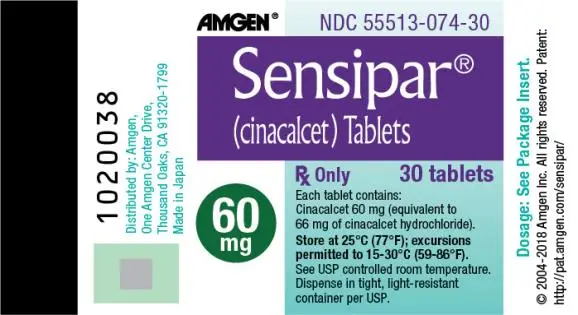 PRINCIPAL DISPLAY PANEL AMGEN® NDC 55513-074-30 Sensipar® (cinacalcet ) Tablets Rx Only 30 tablets 60 mg Each tablet contains : Cinacalcet 60 mg (equivalent to 66 mg of cinacalcet hydrochloride). Store at 25°C (77°F); excursions permitted to 15-30°C (59-86°F). See USP controlled room temperature. Dispense in tight, light-resistant container per USP. Dosage : See Package Insert. © 2004-2018 Amgen Inc. All rights reserved. Patent : http://pat.amgen.com/sensipar/ Distributed by : Amgen, One Amgen Center Drive, Thousand Oaks, CA 91320-1799 Made in Japan