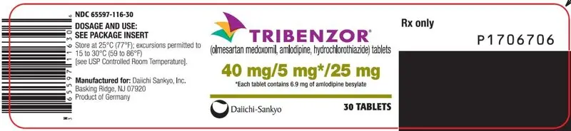 PRINCIPAL DISPLAY PANEL NDC 65597-116-30 TRIBENZOR (olmesartan medoxomil, amlodipine, hydrochlorothiazide) tablets 40 mg/5 mg* 25 mg 30 Tablets Rx Only