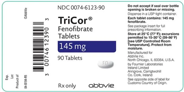 NDC 0074–6123–90 
TriCor®
Fenofibrate Tablets 
145 mg 
90 Tablets 
Rx only abbvie 
